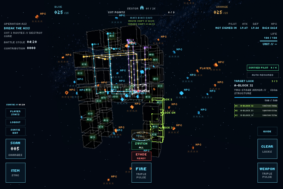 BLUE battlefield with sector status above, target locks at right and FIRE controls at bottom center.