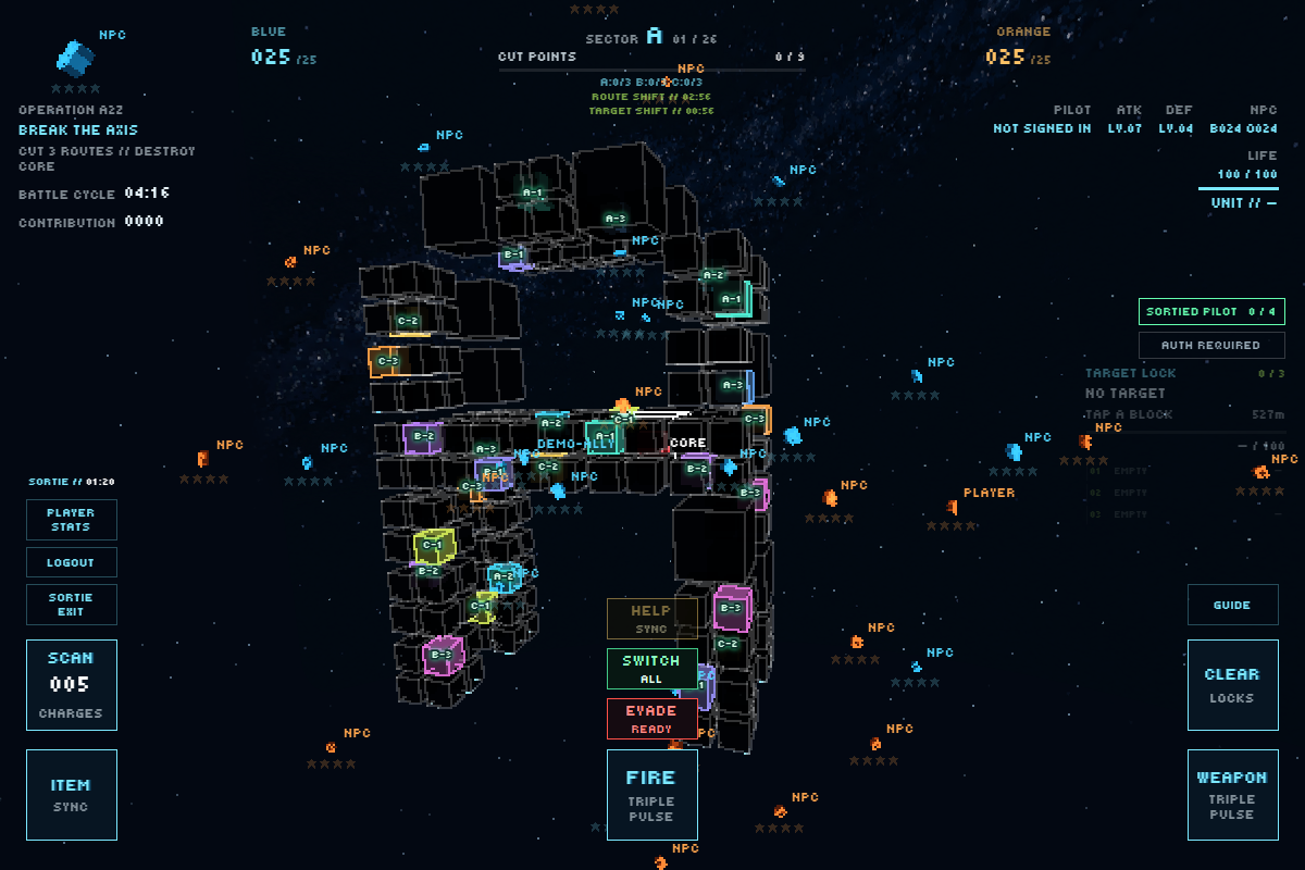 BLUE route scan highlighting route-target child blocks in route colors while other blocks are black and route lines are hidden.