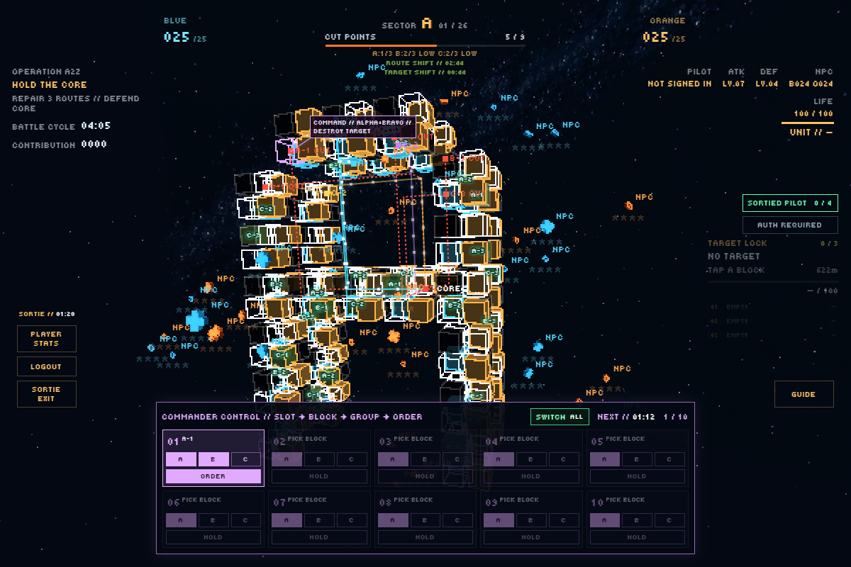 Commander control panel showing ten target slots, group buttons, HOLD or ORDER and rotation countdown.