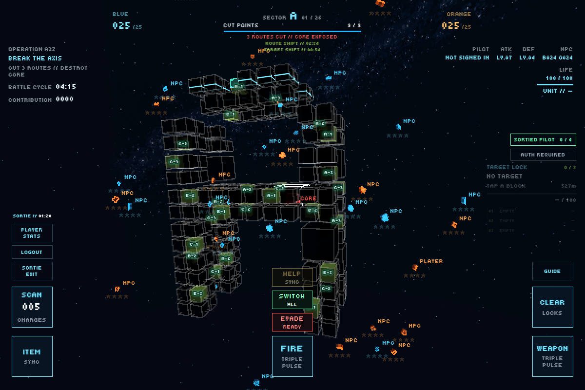 All nine cut points broken and the CORE exposed in the BLUE game view.