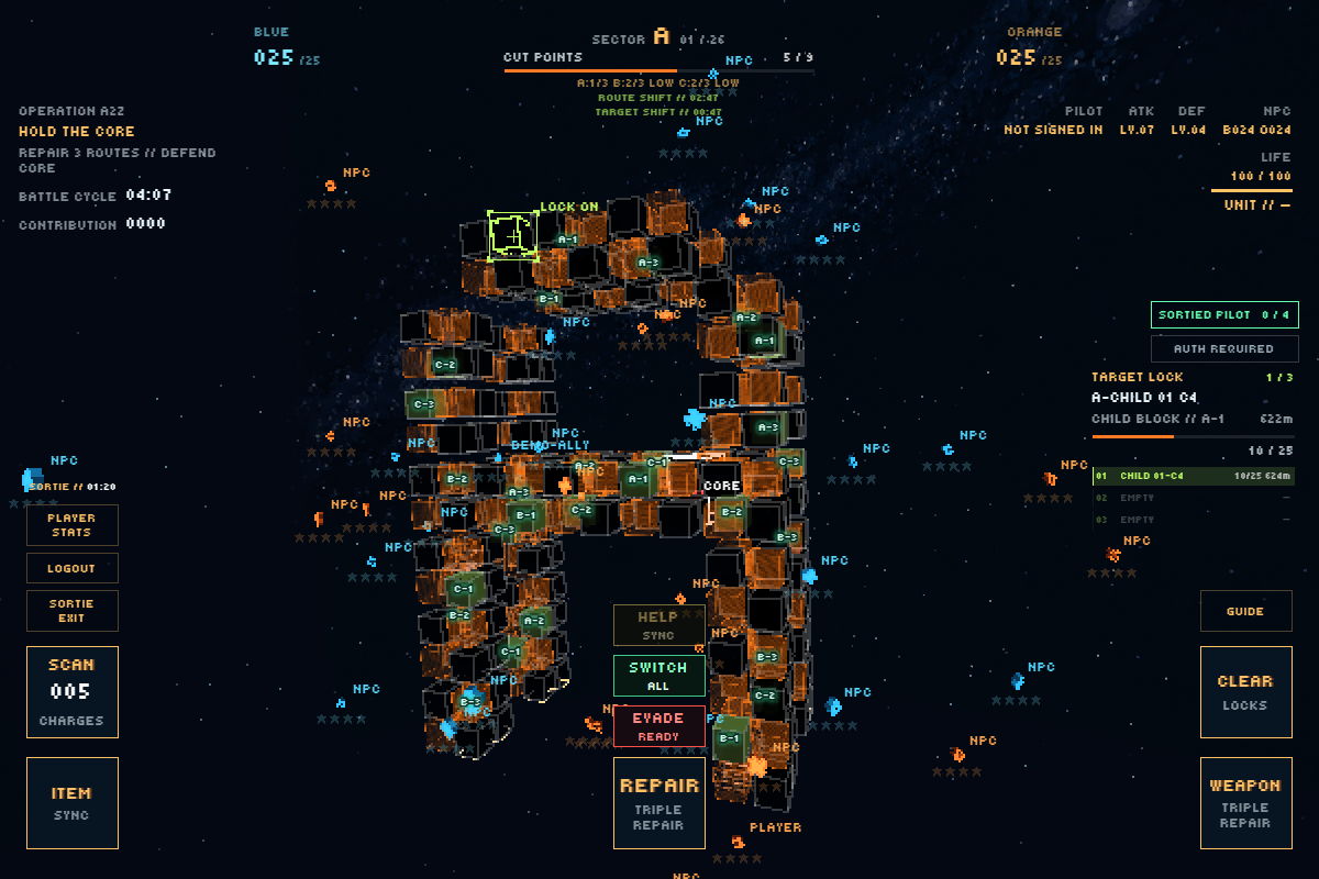 ORANGE scan view with an already restored black child block still locked at partial HP after starting repair from its hologram.