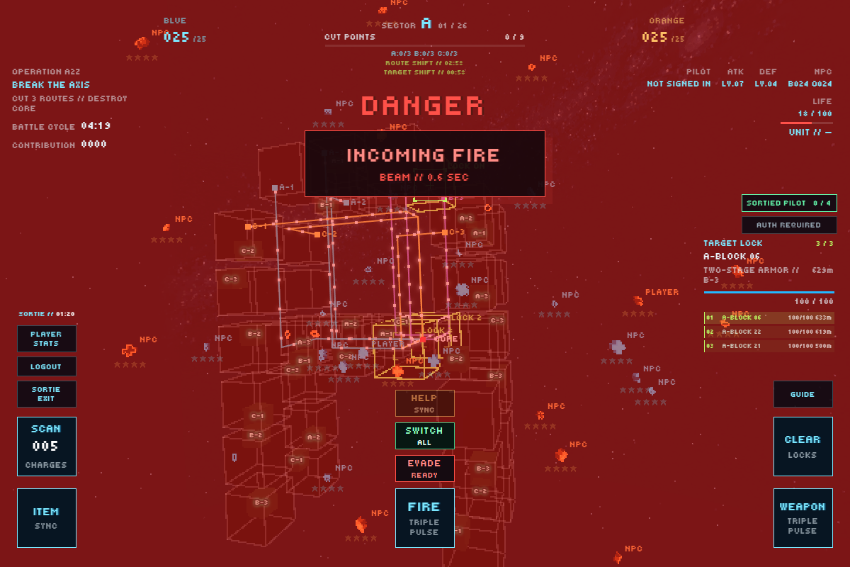 Game view showing low LIFE, DANGER and an incoming attack warning.