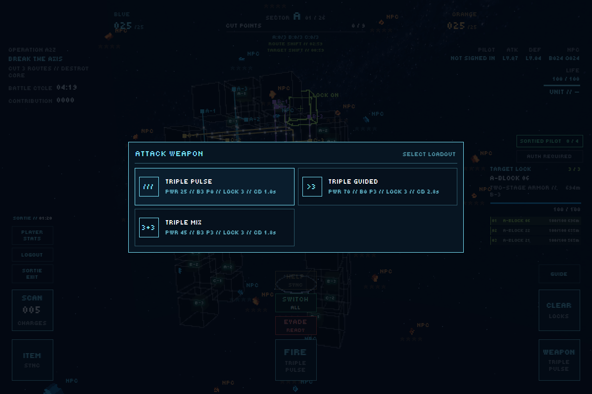 Actual weapon menu listing the three BLUE loadouts, power, lock capacity and cooldown.